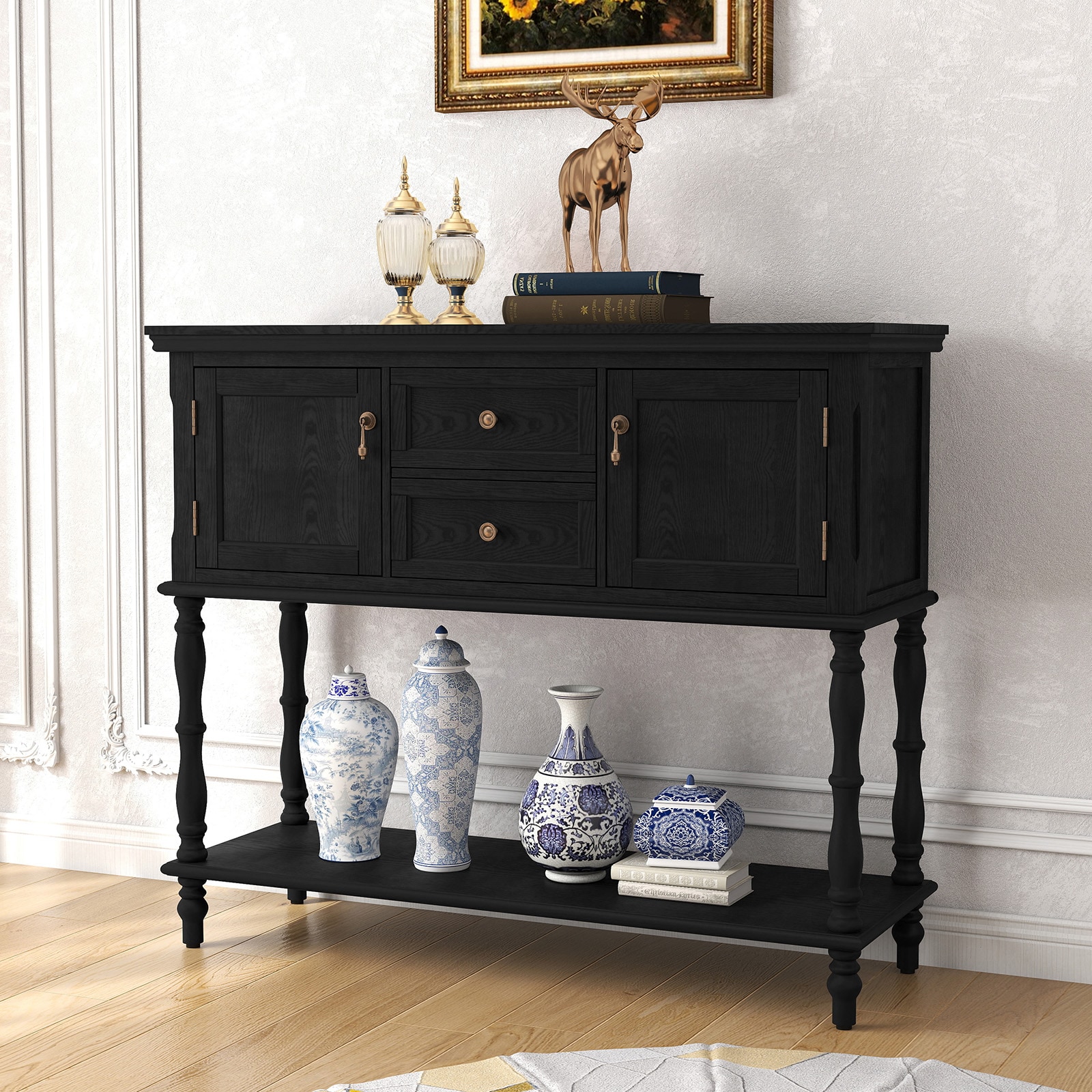 Retro Console Table With Storage, Narrow Entryway Table With 2 Drawers And 2 Door Cabinets, Long Sofa Table Behind Couch For Living Room, Foyer, Black_voghion.com